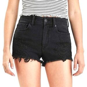 American Eagle Black Jean Shorts, Floral Detail, Raw Hem, Super Stretch, Size 10